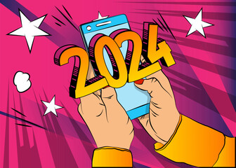 Cartoon Smartphone, comic book Telephone with the number 2024. Retro vector comics pop art design.