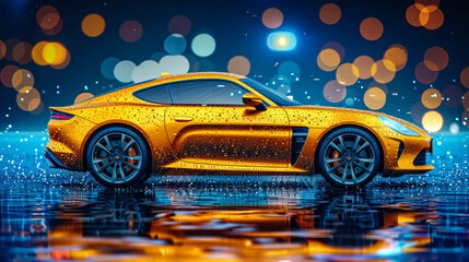 a sportscar full view Illustration yellow with rain drop and blue background, water drop, fresh, wallpaper photography