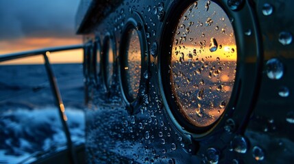 The portholes of a yacht gently bobbing on the oceans surface each one adorned with a delicate mist of sea spray. The soft morning light highlights the water droplets creating