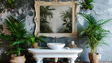 rectangle painting mockup inside bathroom, very large frame, indoor plants toilet