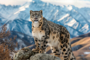 A portrait of a Tian Shan snow leopard in a natural setting