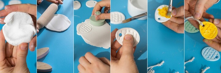 Collage tutorial Children air dry clay activity handicraft idea. DIY process step by step...