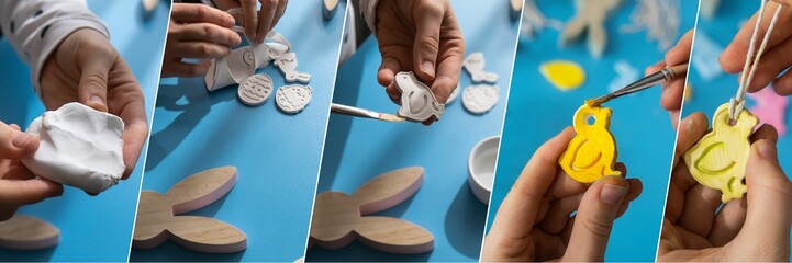 Collage tutorial Creator is using white air dry clay for making decor to EASTER holiday. Creating hobby recreation activity that involves fingers. DIY crafting