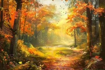 Immerse yourself in the vibrant hues of an autumn forest ablaze with fiery foliage with a nature background, capturing the essence of the changing seasons, Generative AI