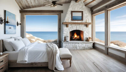luxury rustic white comfortable bedroom with fireplace with ocean view