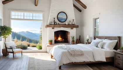 luxury rustic white comfortable bedroom with fireplace