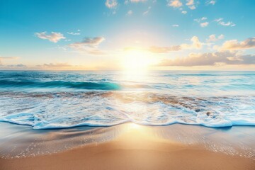 Explore the breathtaking beauty of a sun-kissed beach at dawn with a nature background, featuring golden sands and gentle waves lapping the shore, Generative AI - obrazy, fototapety, plakaty