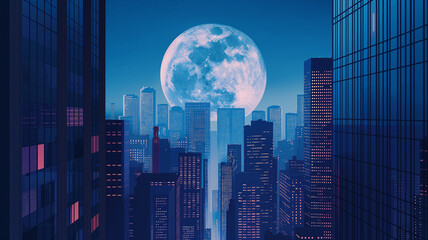 Full moon seen between high business towers, abstract business background - obrazy, fototapety, plakaty