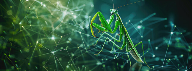 Matrix mantis emerging from a chart of interconnected nodes and lines - obrazy, fototapety, plakaty