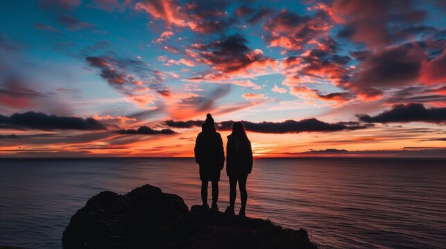 Two figures their backs turned to the camera stand at the edge of a rocky cliff their eyes fixed on the breathtaking display of colors painted across the sky as the sun slowly