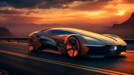 Futuristic electric car on highway sunset.