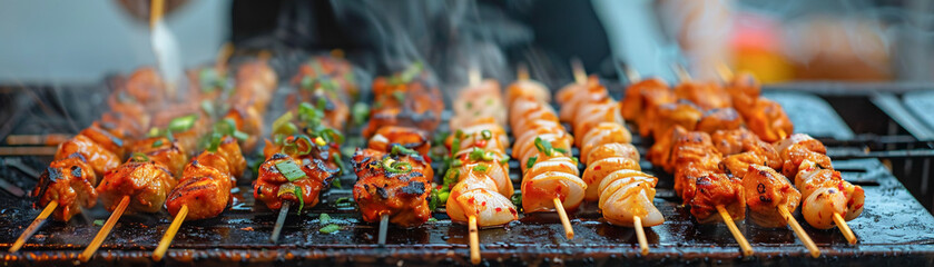 Grilled Skewers Sizzling on a Barbecue Grill - obrazy, fototapety, plakaty