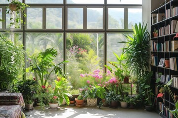 Fototapeta na wymiar A large greenhouse filled with exotic plants with a large window