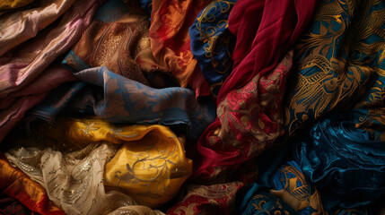 A pile of vibrant textiles including silk and velvet that are commonly used to make special outfits for Eid prayers and gatherings.