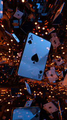 Floating 3D Ace of Spades amidst iPhones screens lit with famous figures a spectacle of modern marvels