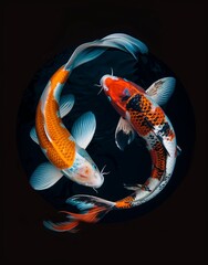 Beautifully Stylized and Illustrated Koi Fish Swimming After Each Other. Generative AI.
