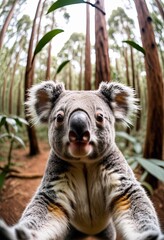Animal make selfie in forest. Close-up Koala in forest take selfie. interaction between wildlife and modern photography trends