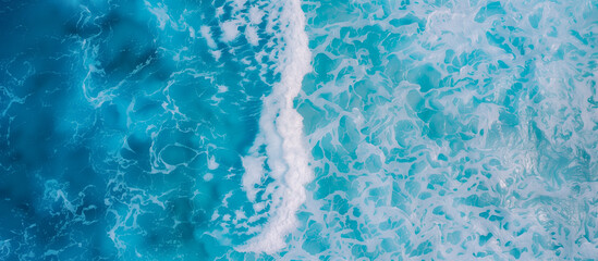 Ocean waves texture with blue ripples and white foam. Summer tropical travel panorama , turquoise blue and white surf surface for copy space by Vita for web or mobile - obrazy, fototapety, plakaty