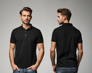 Front and back views of a man wearing a black polo shirt mockup template