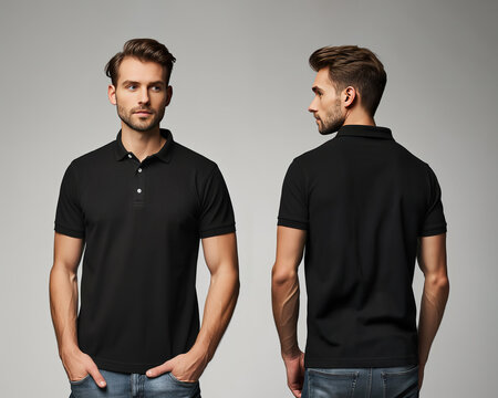 Front and back views of a man wearing a black polo shirt mockup template