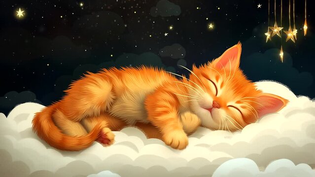 Cute baby kitten sleeping on cloud with starry sky and night background. seamless looping 4k time-lapse animation video background