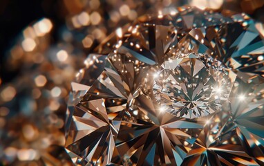 The Brilliance of Facets, A stunning close-up image showcasing the intricate facets and sparkling brilliance of a finely cut diamond, reflecting light with intense radiance. - obrazy, fototapety, plakaty