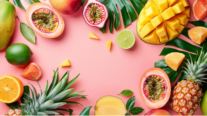 Top view creative layout with exotic summer fruits: papaya, pineapple, lime, yellow mango and passion fruit on pink background - obrazy, fototapety, plakaty