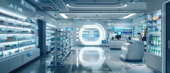 The Pharmacy of Tomorrow, ultramodern pharmacy interior a sleek and sterile environment equipped with the latest in pharmaceutical technology, futuristic aesthetic, signaling a new era of healthcare