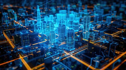 Neon Blueprint of Urban Progress, A vibrant, complex 3D visualization of a city's digital infrastructure, glowing with neon outlines represent the bustling urban development and smart city concept - obrazy, fototapety, plakaty