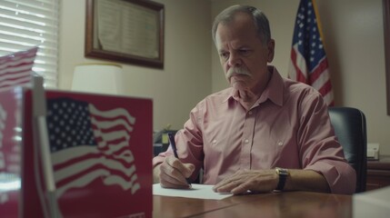 Mature man with mustache writing notes in office with U.S. flag. - Powered by Adobe