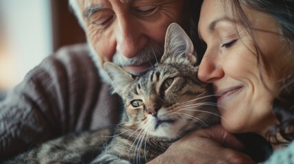 Elderly couple, cat, affection, home comfort.