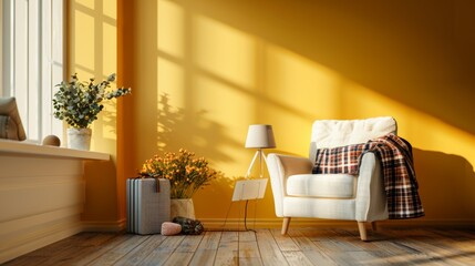 Cozy living room, warm sunlight, comfortable armchair, homely atmosphere.