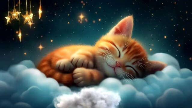 Cute baby kitten sleeping on cloud with starry sky and night background. seamless looping 4k time-lapse animation video background