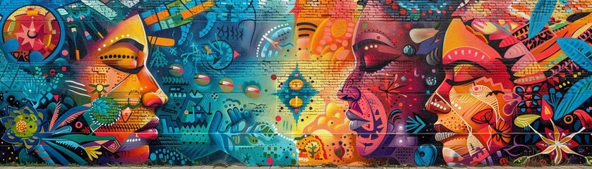 The colorful mural tells a powerful cultural story, with various symbols and vibrant contrasting colors