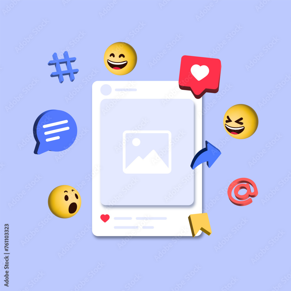 Aufkleber social media post frame mockup vector template and 3d heart like in speech bubble icon. notification