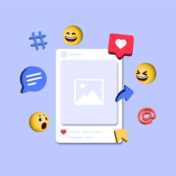 social media post frame mockup vector template and 3d heart like in speech bubble icon. notification icons , like, comment, share, save, icon - 3d smile emoji or happy emoticons . vector illustration