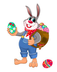 Bunny collects Easter eggs. Cartoon rabbit with a bag filled with Easter eggs. Hare on a white background