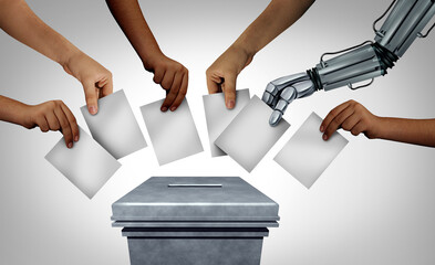 AI Politics And Society as a Community vote with a robot voting casting ballots as voter fraud or fake votes at a polling station as new election technology in a democracy. - 761103785