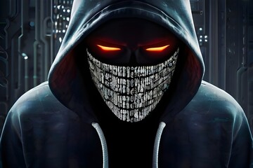 Cyber-security hacker with a hoodie hiding face -computer technology background wallpaper created with a Generative AI 