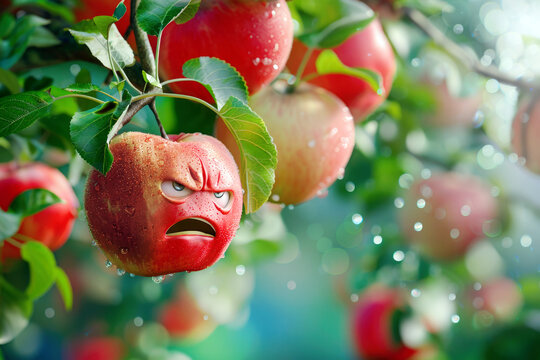 One bruised bad apple, hanging in an apple tree, spoiled apple concept