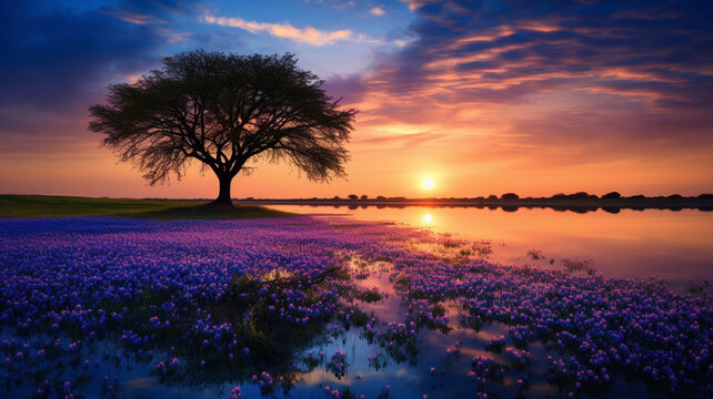 Beautiful spring sunset over a lake blooming landscape