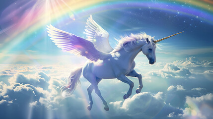 Artistic Style Unicorns with Wings Flying Over A Rainbow Aspect 16:9 Perfect for Print on Demand Artwork Merchandise - obrazy, fototapety, plakaty
