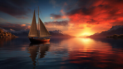 Rest sailing boat in calm lake with sunset sky