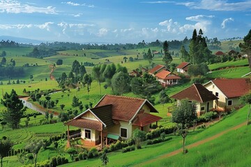 Embark on a journey through a picturesque countryside dotted with rolling hills and quaint farmhouses with a nature background, capturing the essence of rural charm, Generative AI