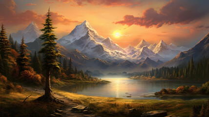 Mountain landscape at sunset nature