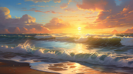 Sunrise at the seaside with waves and clouds