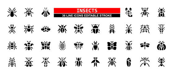 36 Insect Line Icons Set Pack Editable Stroke Vector Illustration. - obrazy, fototapety, plakaty