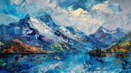 Obraz premium An oil painting presenting a dynamic view of a massive mountain range reflecting on a calm lake, painted with bold strokes