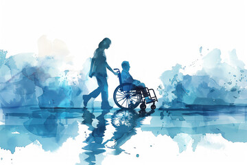 Blue watercolor painting of a nurse pushing a patient's wheelchair