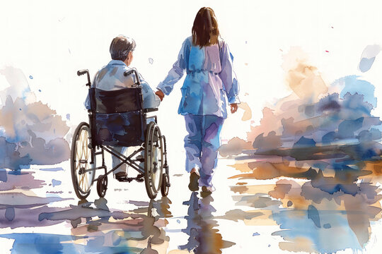 Brown watercolor painting of a nurse pushing a patient's wheelchair